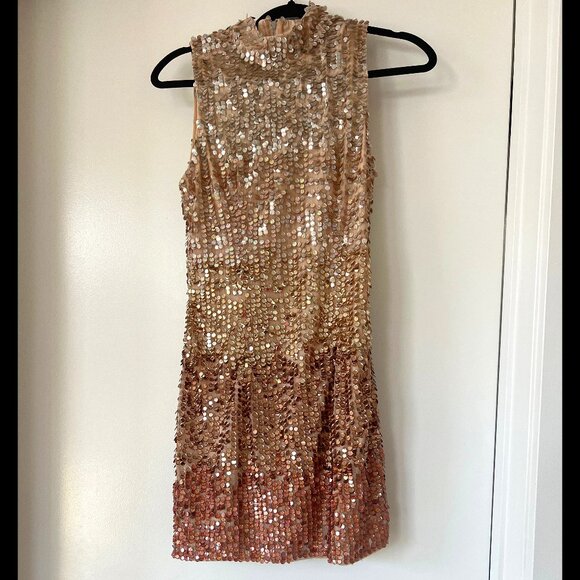 French Connection Mock Neck Sequin Cocktail Dress - Silver/Pink on Nude (Size 4) - Picture 1 of 8